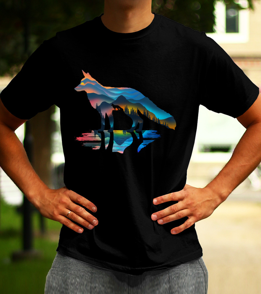 Mountain Fox Sunset Silhouette With Colorful Landscape And Reflections T-Shirt