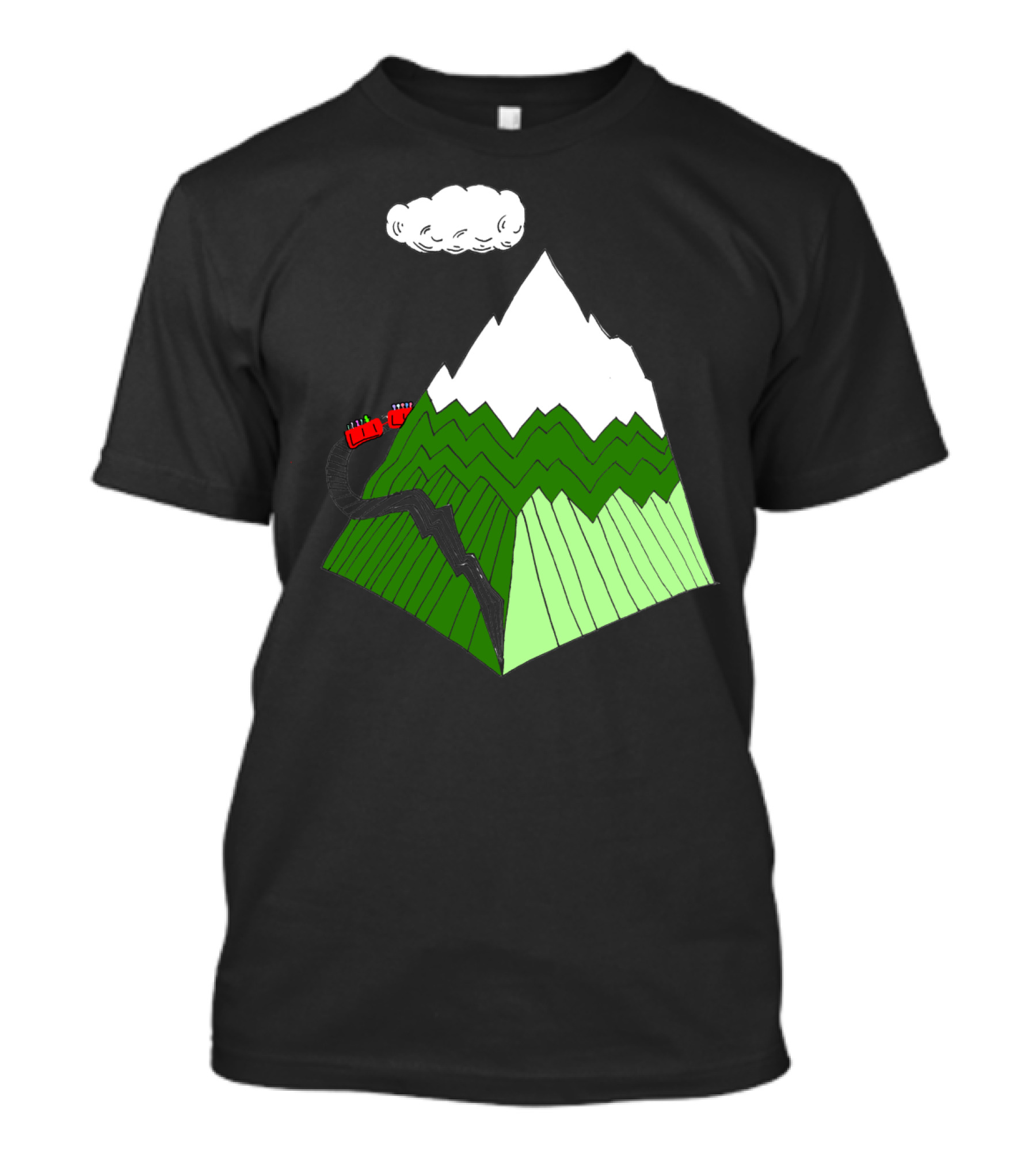 Ascending Snowy Mountain With Cloud And Red Train Around Peak T-Shirt