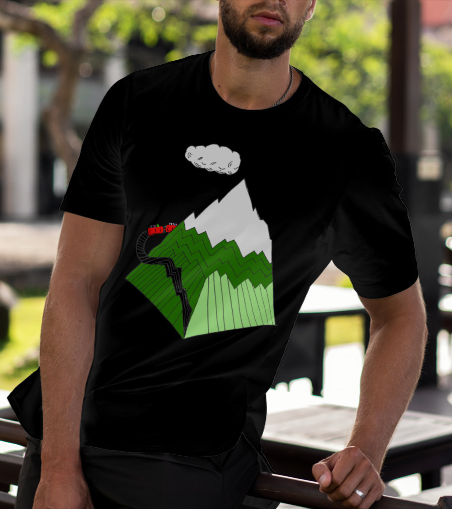 Ascending Snowy Mountain With Cloud And Red Train Around Peak T-Shirt