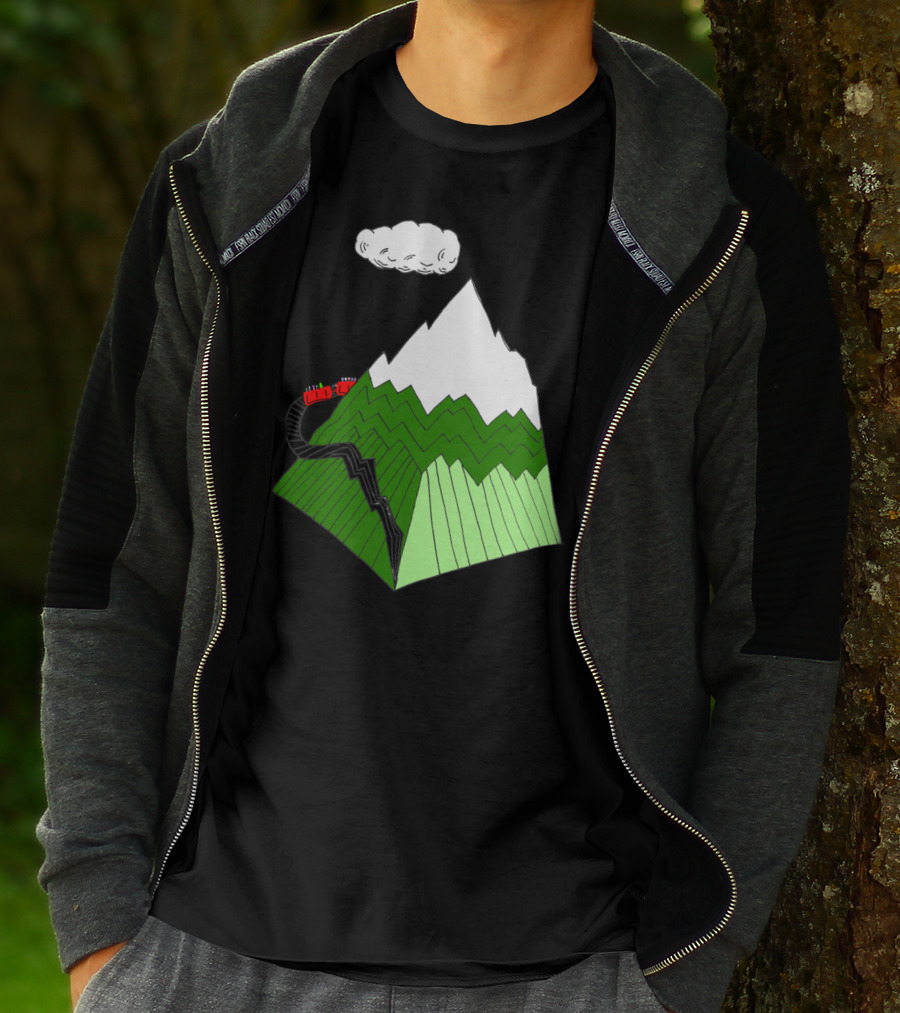 Ascending Snowy Mountain With Cloud And Red Train Around Peak T-Shirt