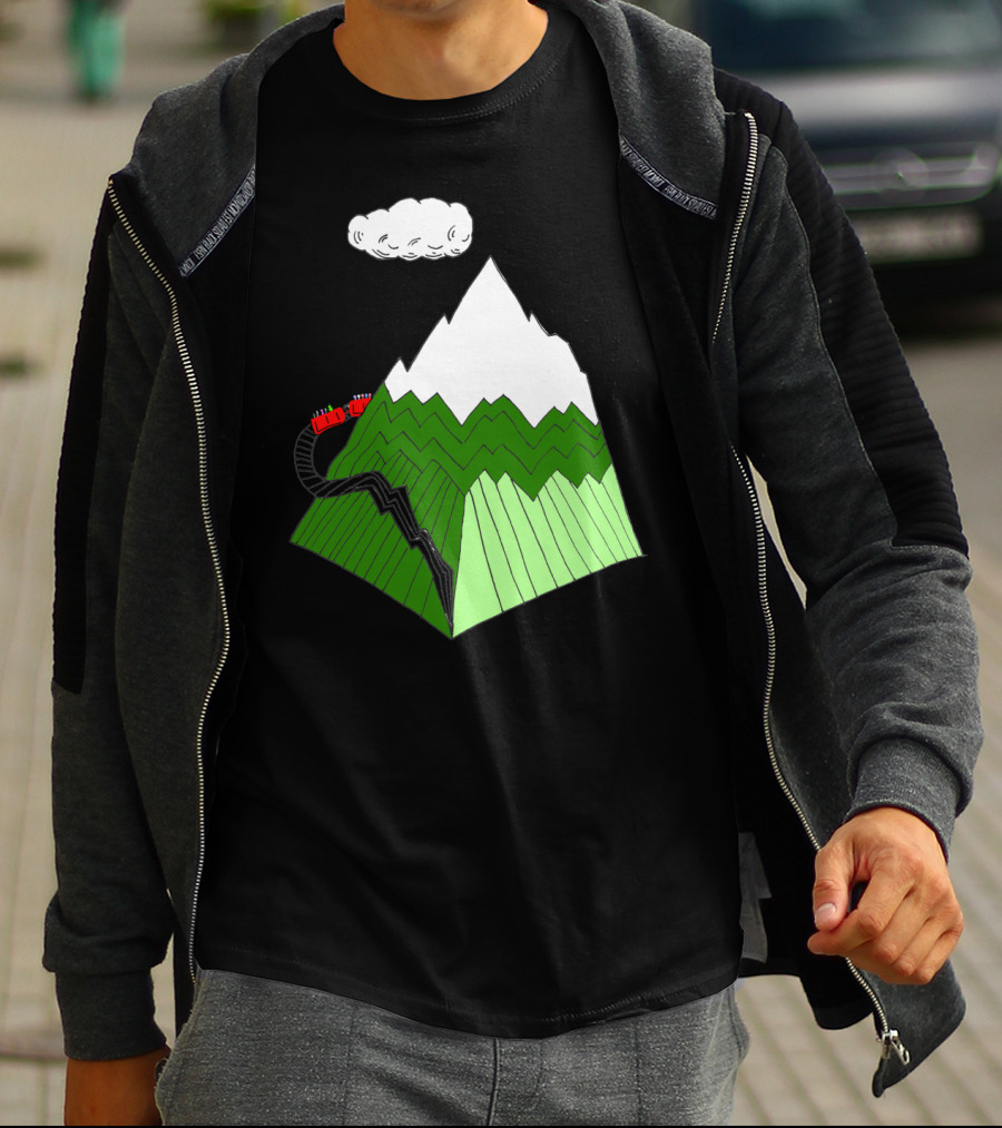 Ascending Snowy Mountain With Cloud And Red Train Around Peak T-Shirt