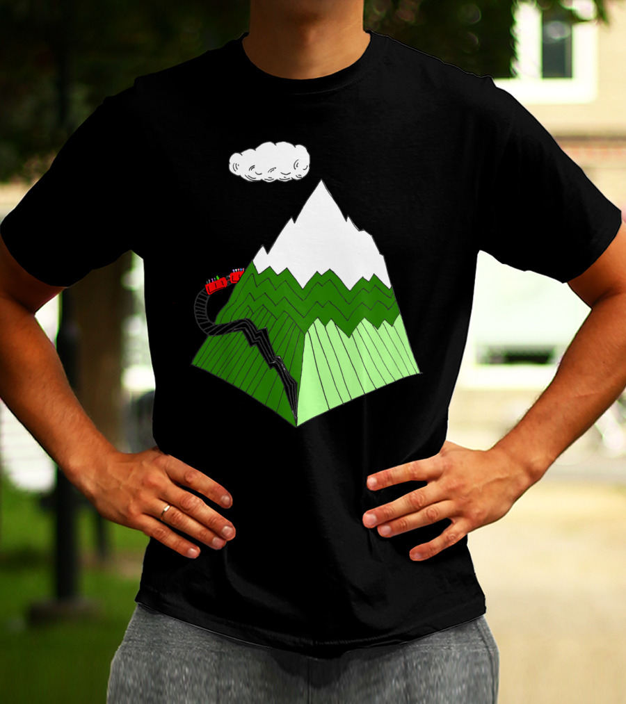 Ascending Snowy Mountain With Cloud And Red Train Around Peak T-Shirt