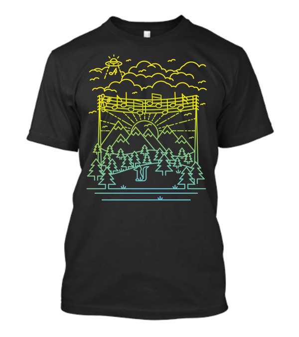 Neon UFO Discovering Musical Landscape Over Scenic Mountain Range With Forest And Sunset T-Shirt