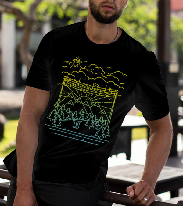 Neon UFO Discovering Musical Landscape Over Scenic Mountain Range With Forest And Sunset T-Shirt