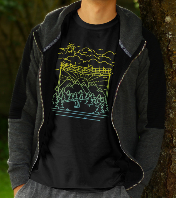 Neon UFO Discovering Musical Landscape Over Scenic Mountain Range With Forest And Sunset T-Shirt