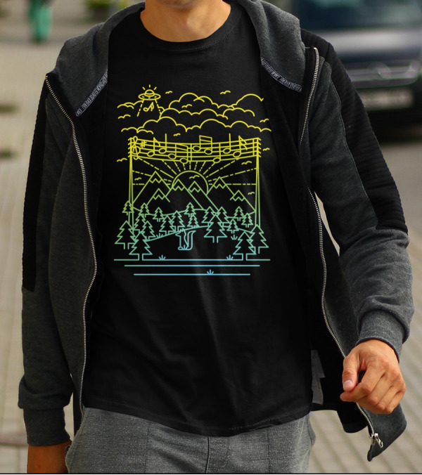 Neon UFO Discovering Musical Landscape Over Scenic Mountain Range With Forest And Sunset T-Shirt