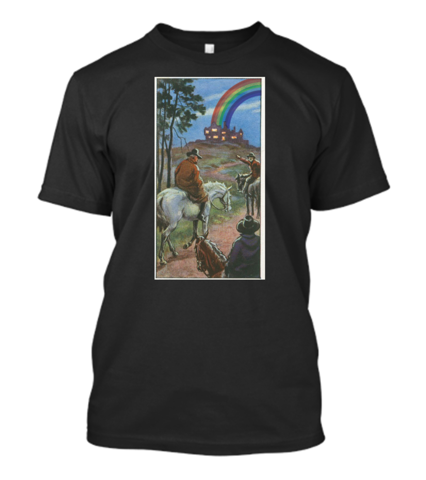 Heauxback Mountain Cowboy And Rainbow Castle Vintage Scene T-Shirt