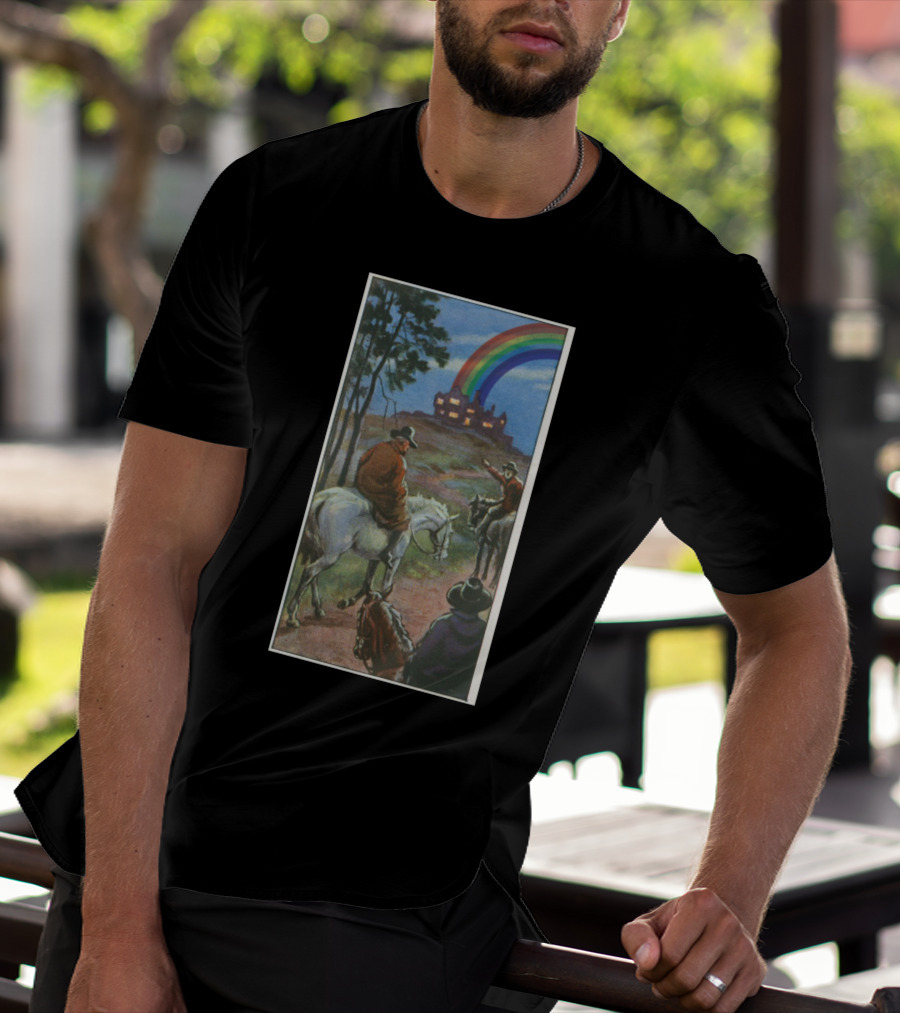 Heauxback Mountain Cowboy And Rainbow Castle Vintage Scene T-Shirt