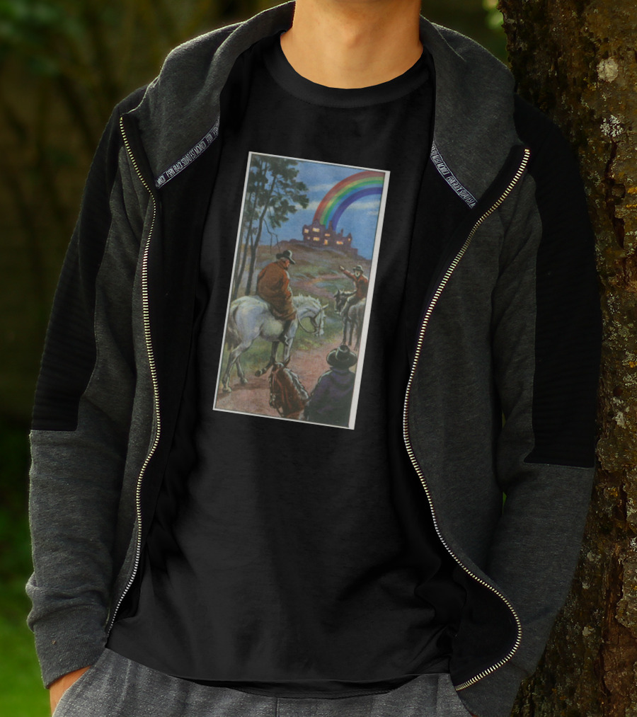 Heauxback Mountain Cowboy And Rainbow Castle Vintage Scene T-Shirt