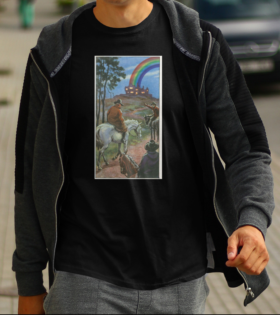 Heauxback Mountain Cowboy And Rainbow Castle Vintage Scene T-Shirt