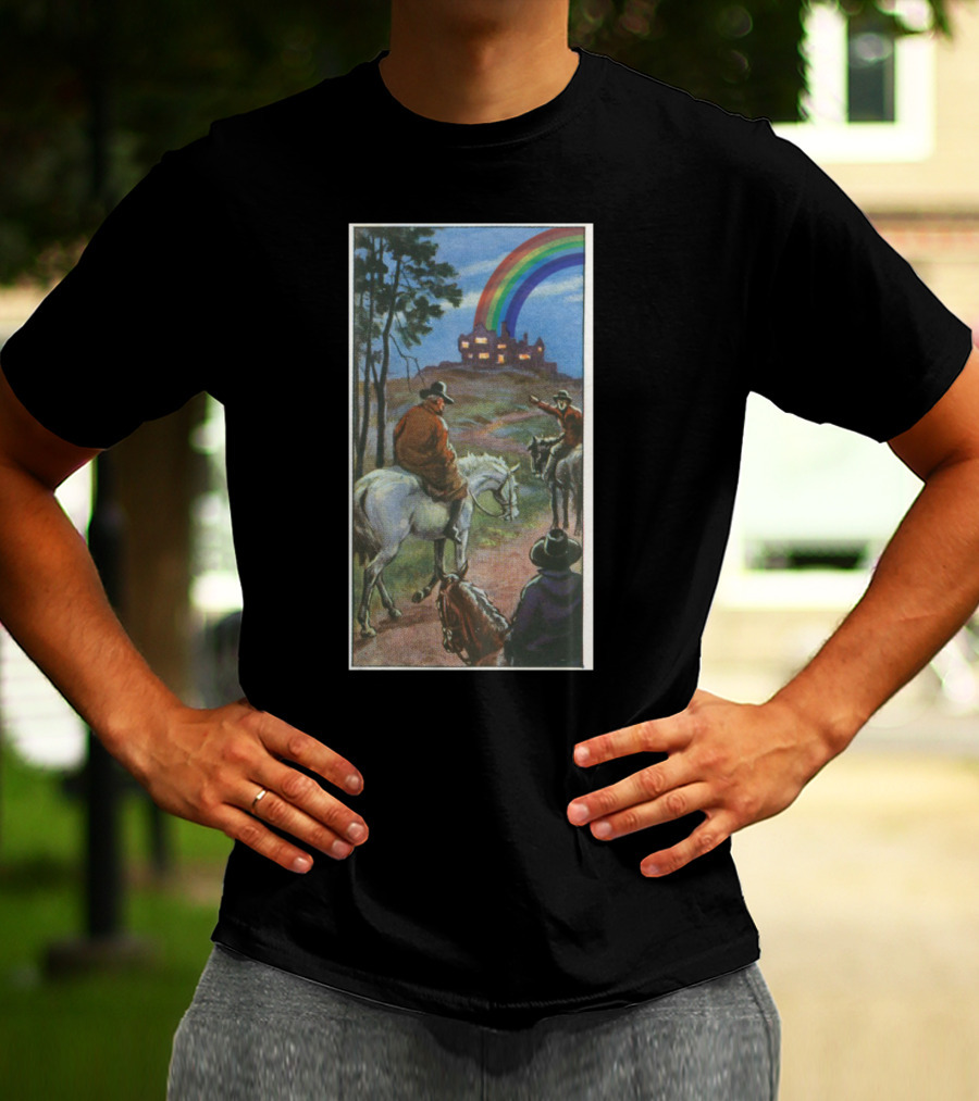 Heauxback Mountain Cowboy And Rainbow Castle Vintage Scene T-Shirt