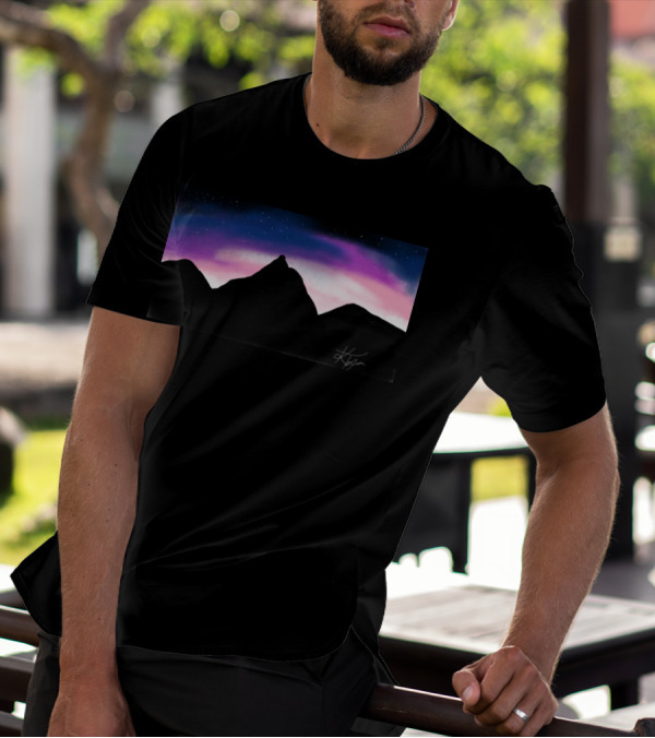 Mountain Space Night Sky Silhouette With Aurora And Stars T-Shirt