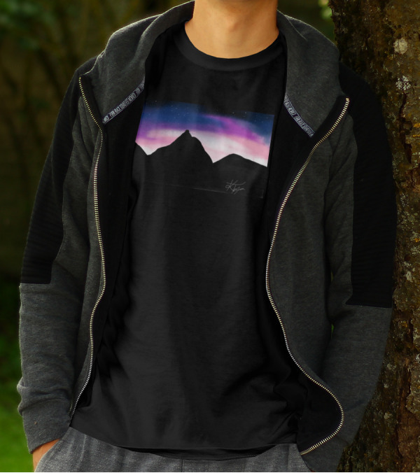 Mountain Space Night Sky Silhouette With Aurora And Stars T-Shirt