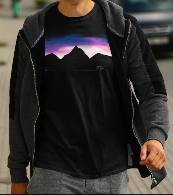 Mountain Space Night Sky Silhouette With Aurora And Stars T-Shirt