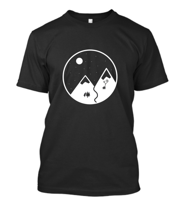 Snowy Night Serenity: Minimalist Mountain Scene With Moon And Starry Sky T-Shirt
