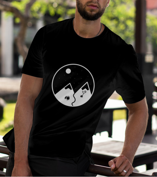 Snowy Night Serenity: Minimalist Mountain Scene With Moon And Starry Sky T-Shirt