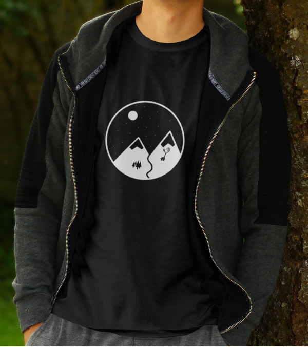 Snowy Night Serenity: Minimalist Mountain Scene With Moon And Starry Sky T-Shirt