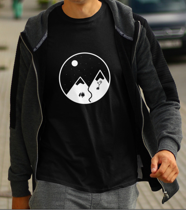 Snowy Night Serenity: Minimalist Mountain Scene With Moon And Starry Sky T-Shirt