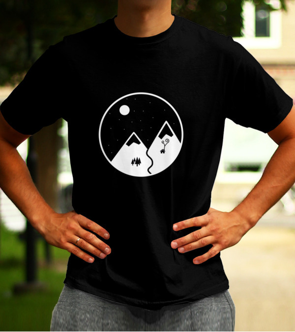 Snowy Night Serenity: Minimalist Mountain Scene With Moon And Starry Sky T-Shirt