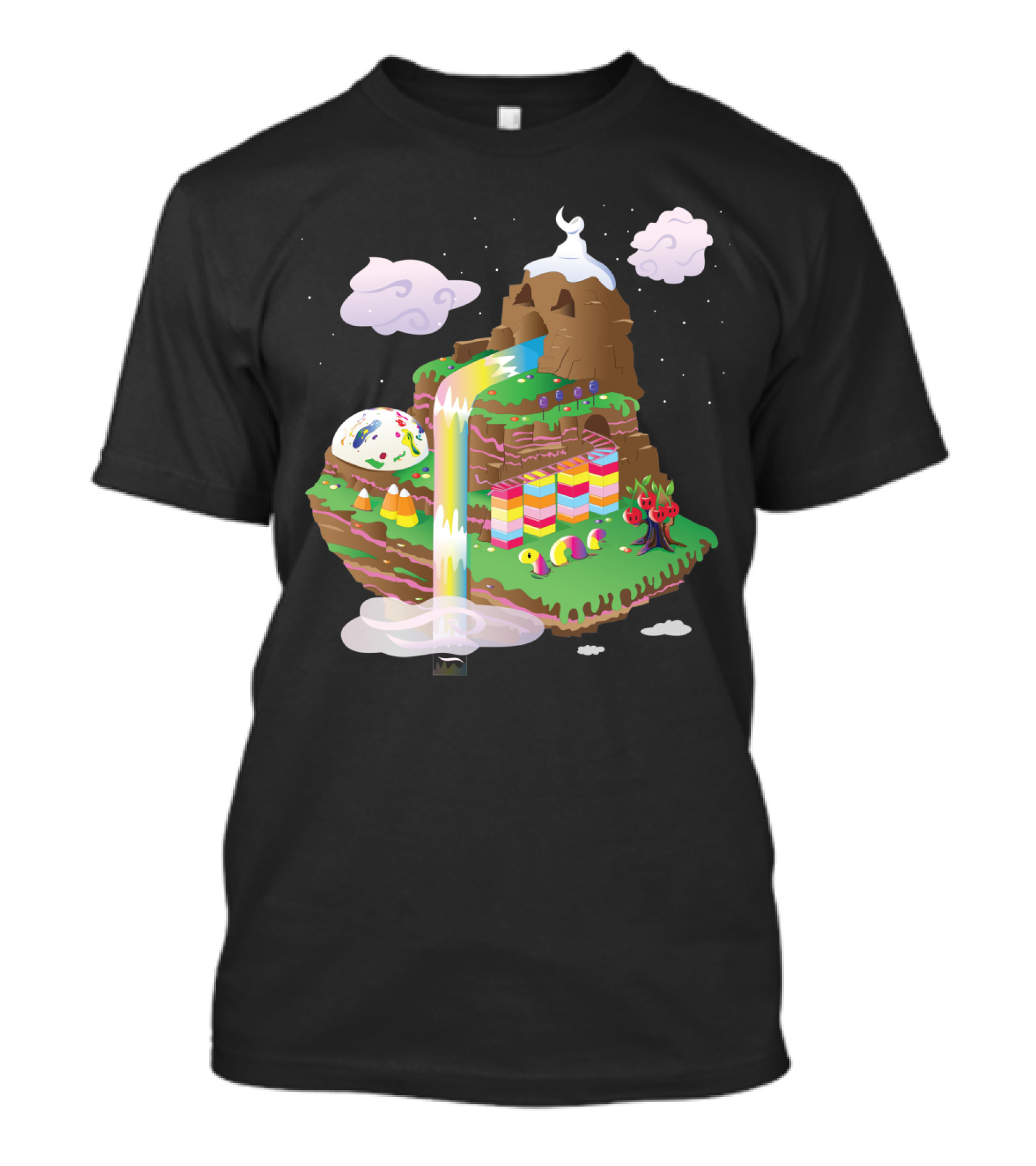 Candy Mountain Fantasy Scene With Colorful Waterfall, Clouds, And Candy Elements T-Shirt