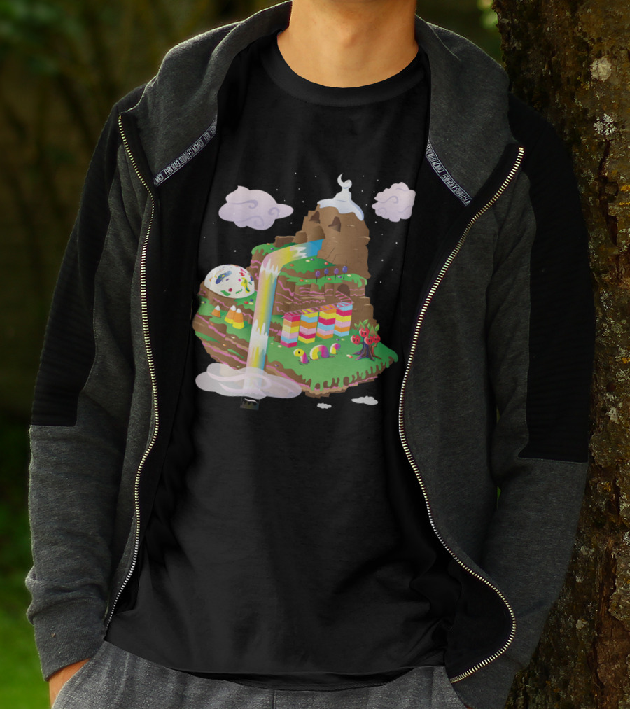 Candy Mountain Fantasy Scene With Colorful Waterfall, Clouds, And Candy Elements T-Shirt