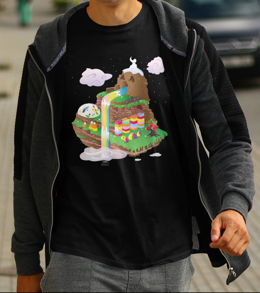 Candy Mountain Fantasy Scene With Colorful Waterfall, Clouds, And Candy Elements T-Shirt