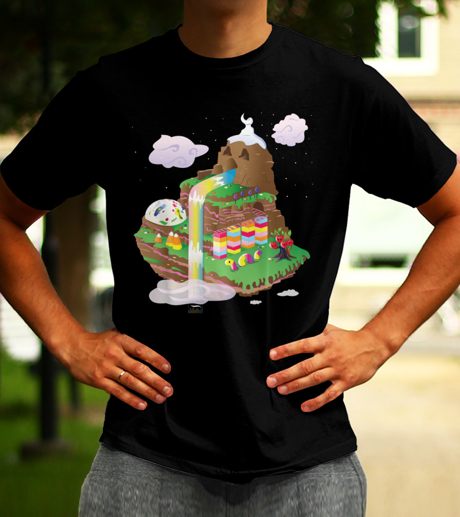 Candy Mountain Fantasy Scene With Colorful Waterfall, Clouds, And Candy Elements T-Shirt