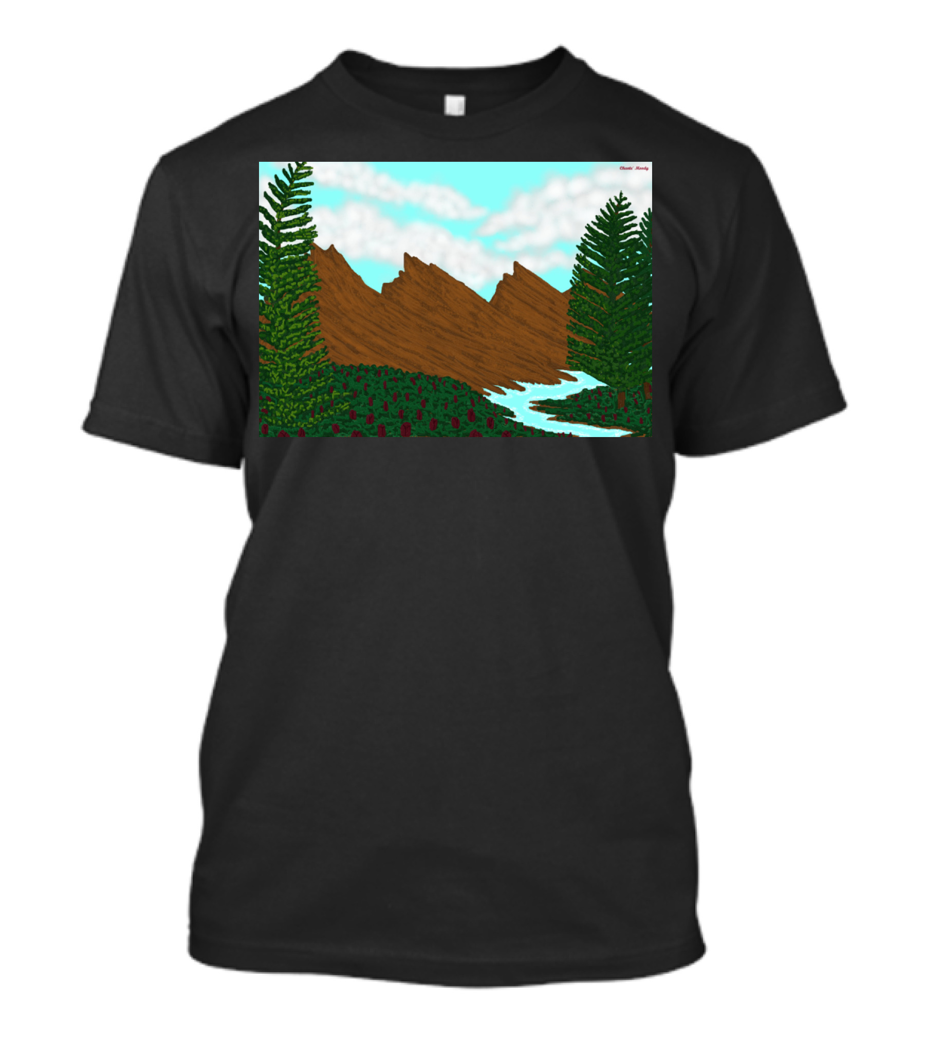 Brown Mountains Landscape With Evergreen Trees And Flowing River By Daniel Moody T-Shirt
