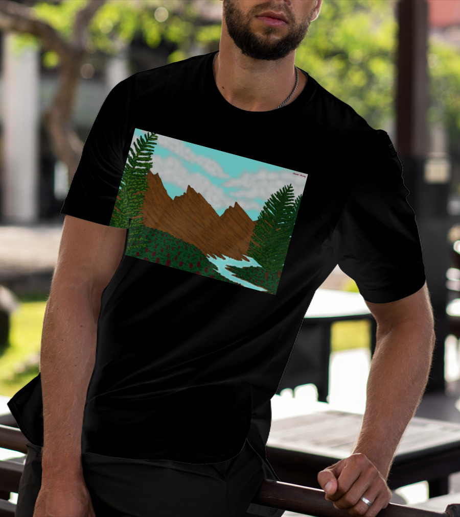 Brown Mountains Landscape With Evergreen Trees And Flowing River By Daniel Moody T-Shirt