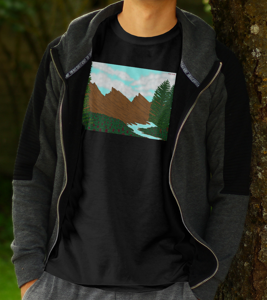 Brown Mountains Landscape With Evergreen Trees And Flowing River By Daniel Moody T-Shirt