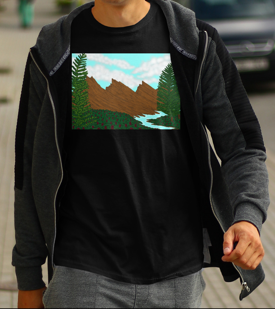 Brown Mountains Landscape With Evergreen Trees And Flowing River By Daniel Moody T-Shirt