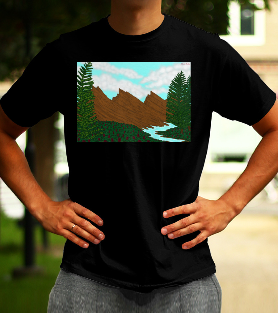 Brown Mountains Landscape With Evergreen Trees And Flowing River By Daniel Moody T-Shirt