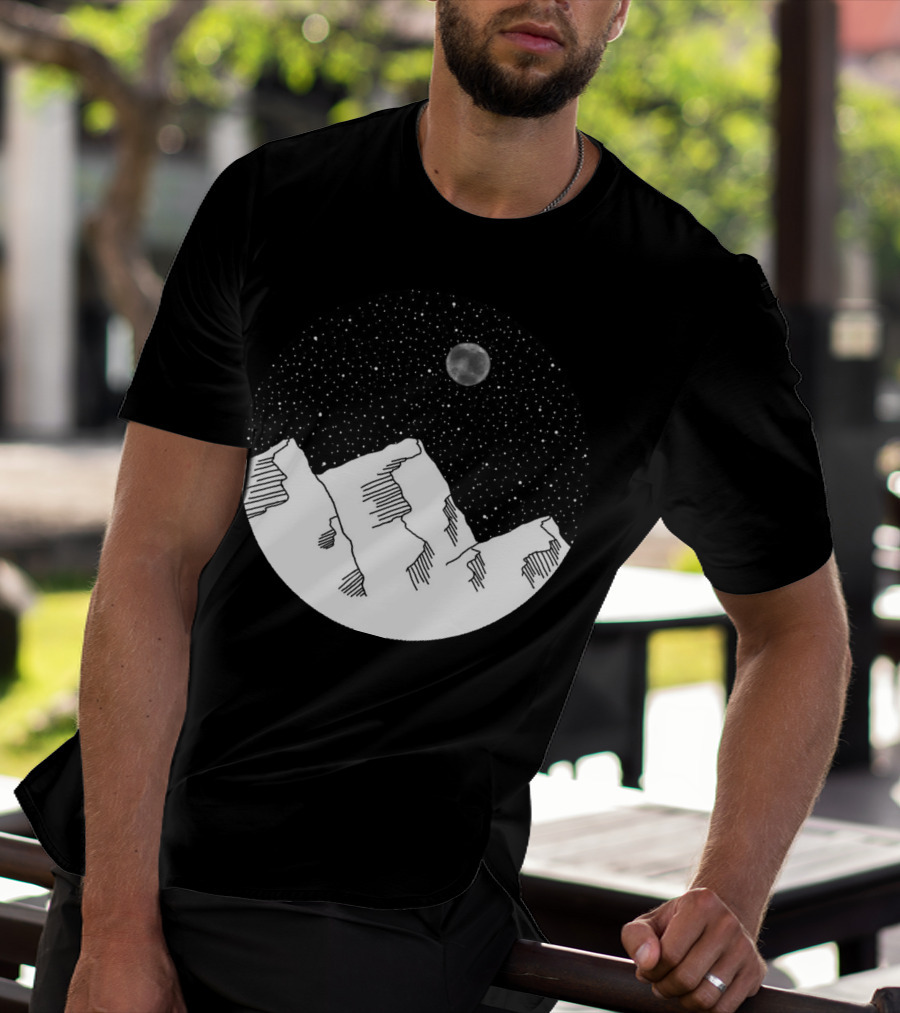 Starry Night Sky Over Snowy Mountains With Moon T-Shirt