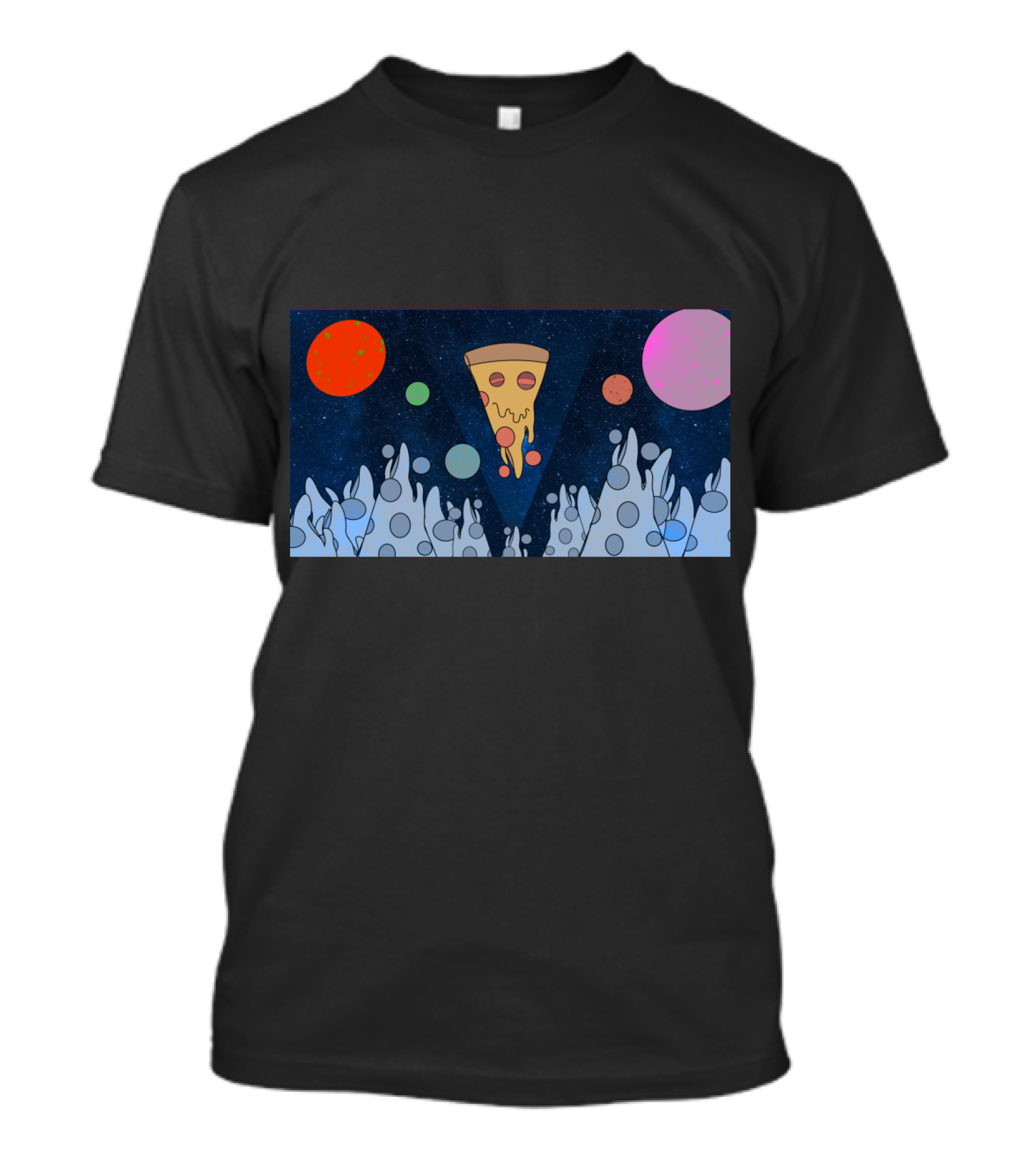 Cosmic Pizza Mountains In Starry Space With Colorful Planets T-Shirt