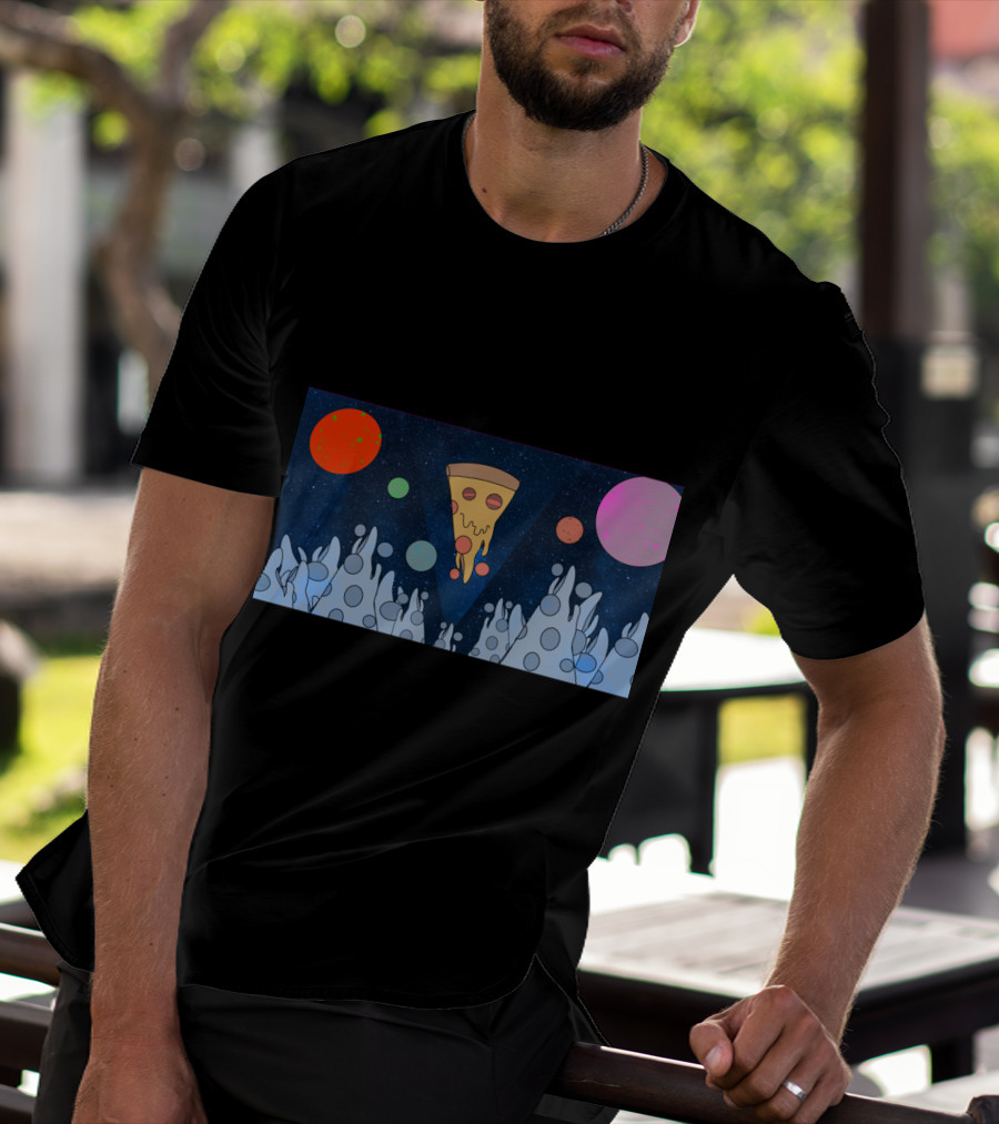 Cosmic Pizza Mountains In Starry Space With Colorful Planets T-Shirt