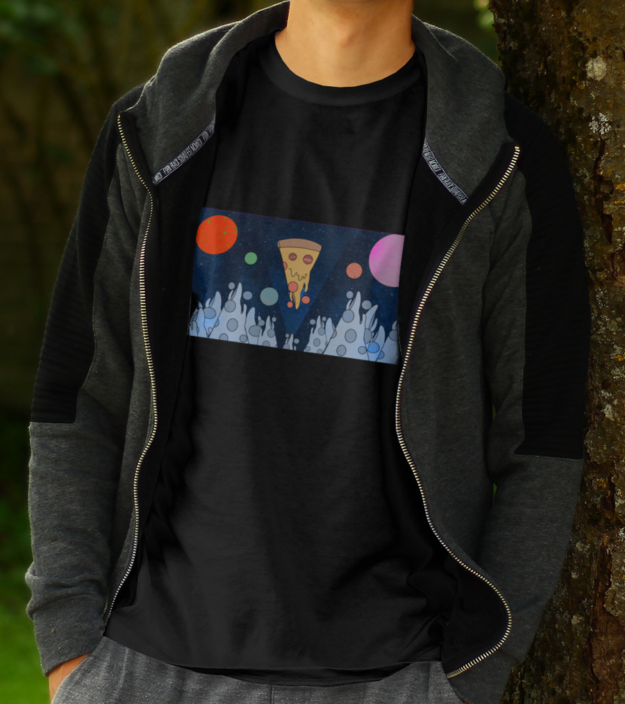 Cosmic Pizza Mountains In Starry Space With Colorful Planets T-Shirt