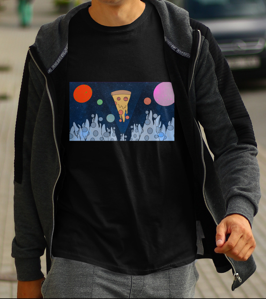 Cosmic Pizza Mountains In Starry Space With Colorful Planets T-Shirt