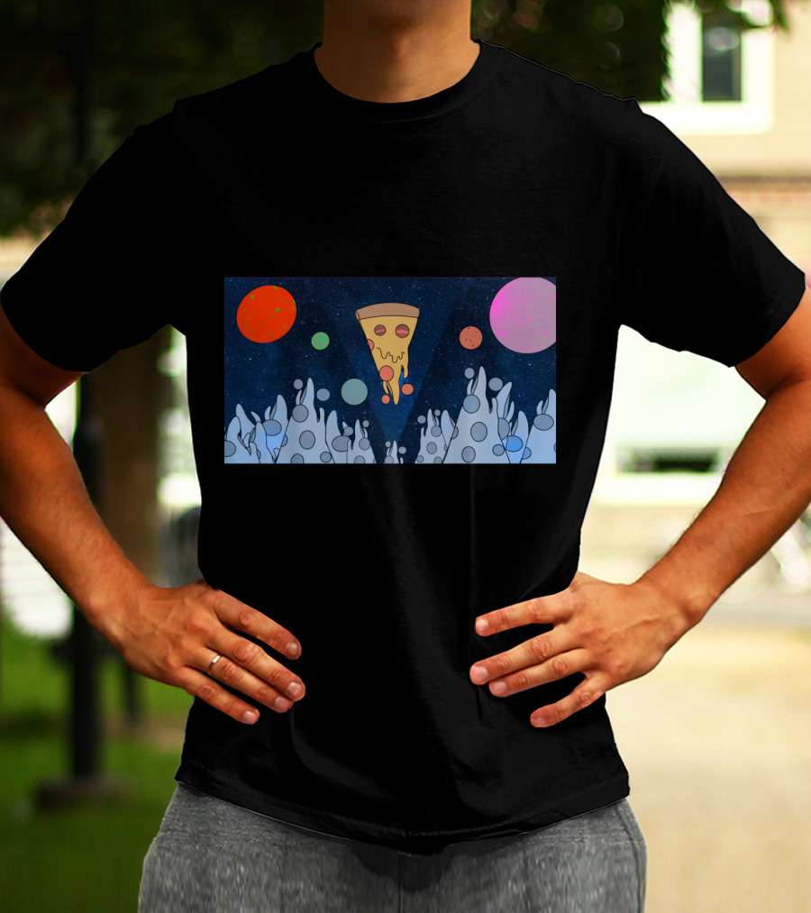 Cosmic Pizza Mountains In Starry Space With Colorful Planets T-Shirt