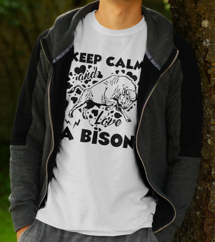 Keep Calm And Love A Bison With Heart Motifs And Charging Animal T-Shirt