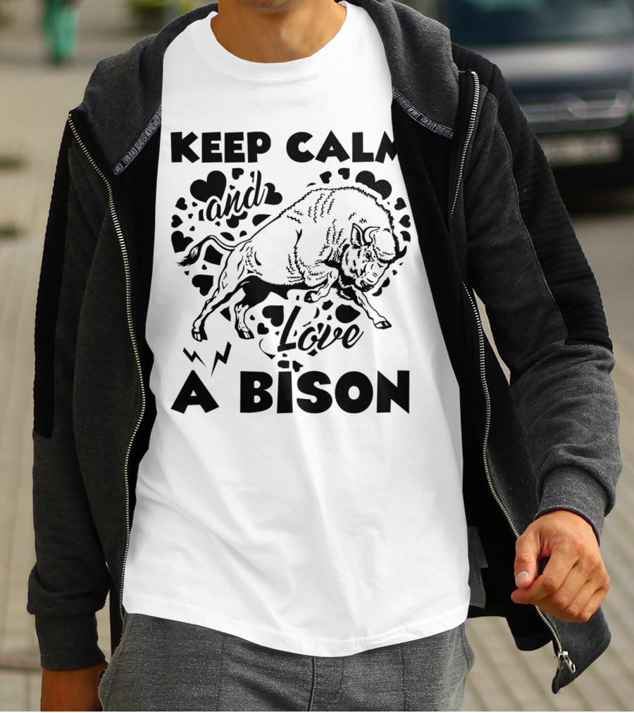 Keep Calm And Love A Bison With Heart Motifs And Charging Animal T-Shirt