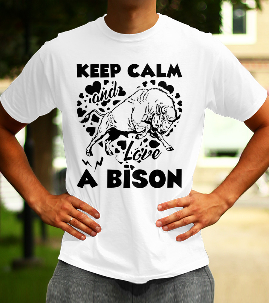Keep Calm And Love A Bison With Heart Motifs And Charging Animal T-Shirt
