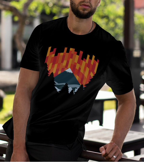 Mountain Silhouette Against Geometric Sunset Forest T-Shirt