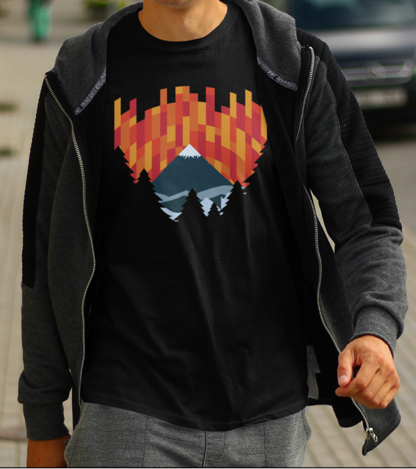 Mountain Silhouette Against Geometric Sunset Forest T-Shirt