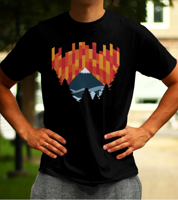 Mountain Silhouette Against Geometric Sunset Forest T-Shirt