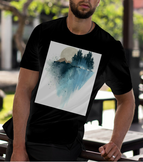 Mountain Shadows Watercolor Forest Landscape With Trees And Moon T-Shirt