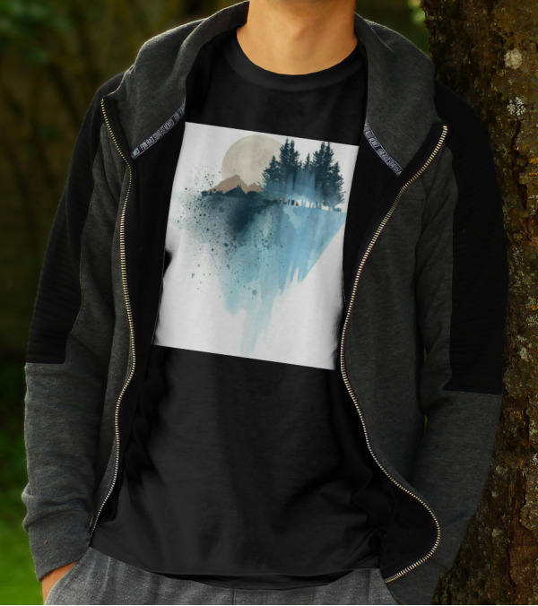 Mountain Shadows Watercolor Forest Landscape With Trees And Moon T-Shirt