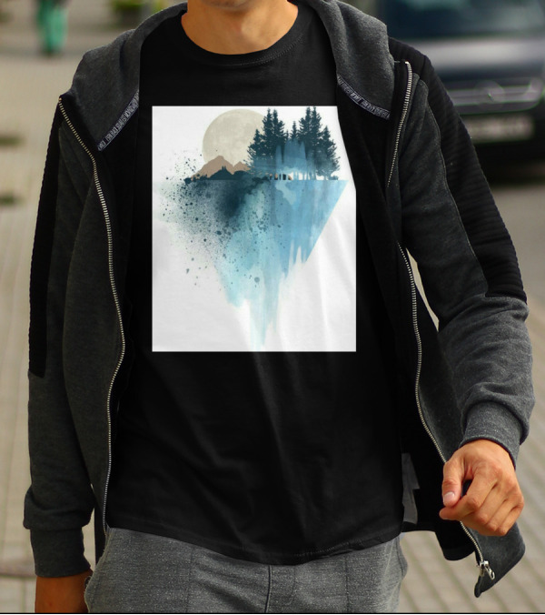 Mountain Shadows Watercolor Forest Landscape With Trees And Moon T-Shirt