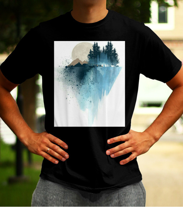 Mountain Shadows Watercolor Forest Landscape With Trees And Moon T-Shirt