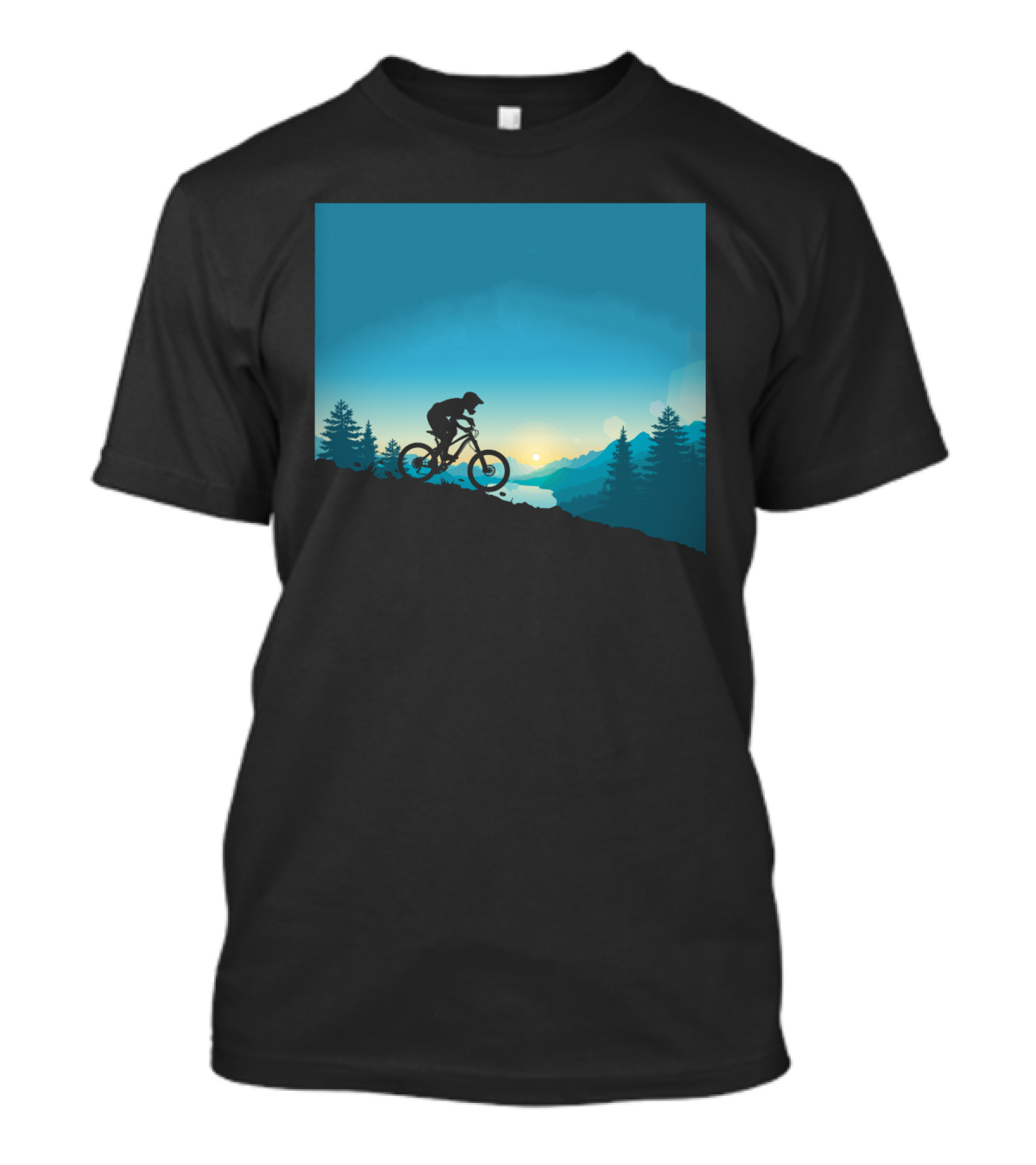 Mountain Rides Silhouette Of Cyclist Against Sunrise In Pine Forest T-Shirt