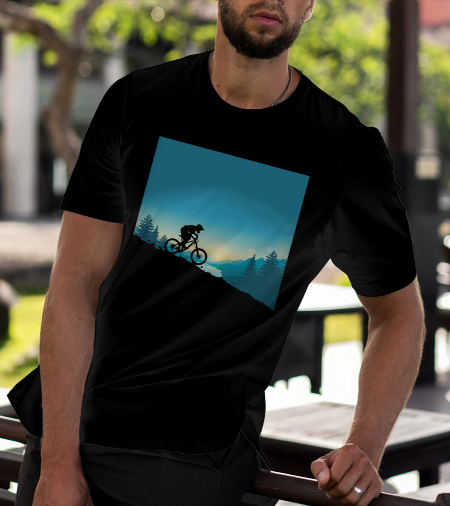 Mountain Rides Silhouette Of Cyclist Against Sunrise In Pine Forest T-Shirt
